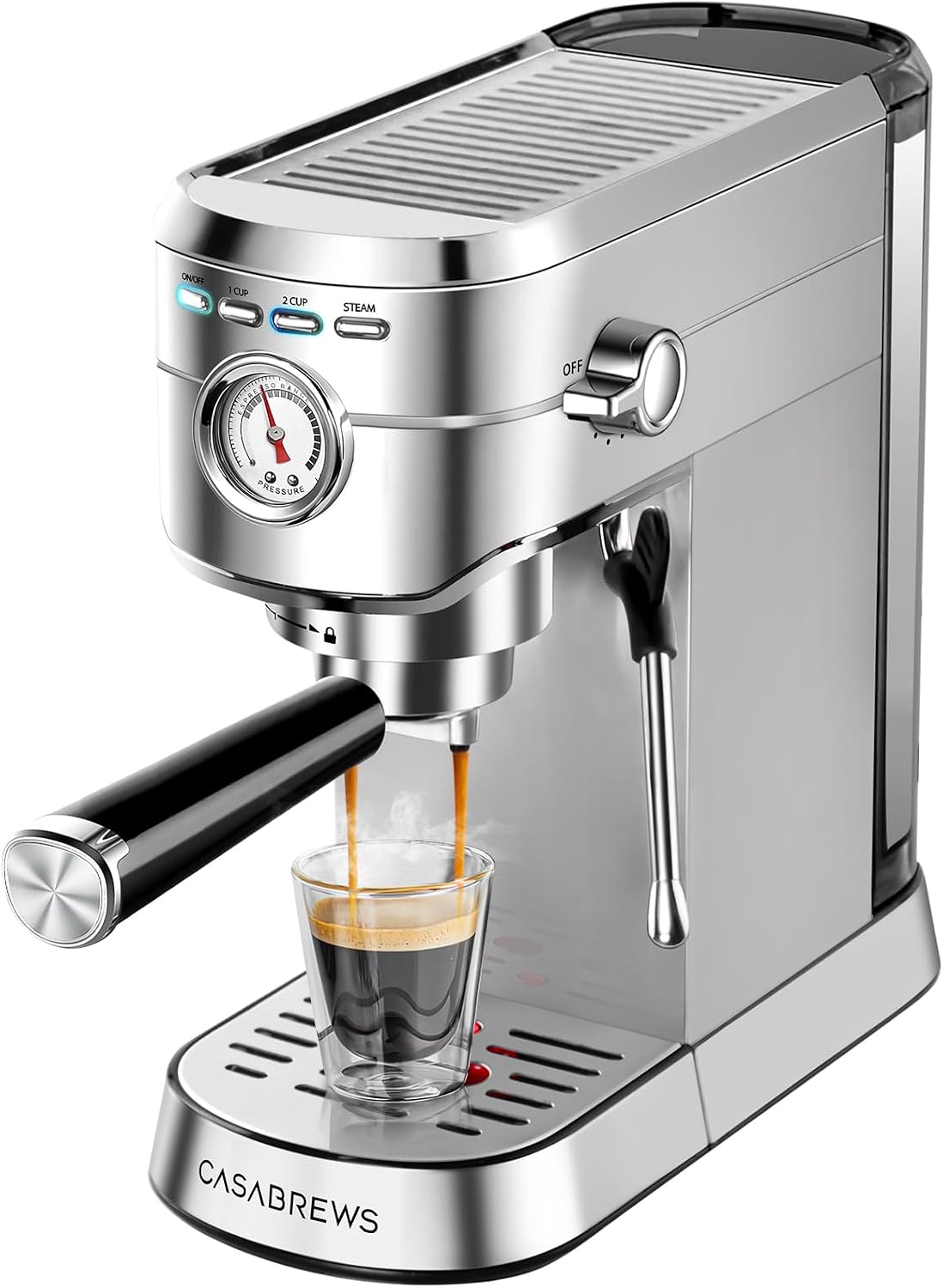 CM5418 Compact Espresso Machine with Milk Frothing Steam Wand | Stainless Steel, 20-Bar Pump, Built-in Pressure Gauge, Powerful Steam Wand for Cappuccino Latte for Home, 34oz Water Tank