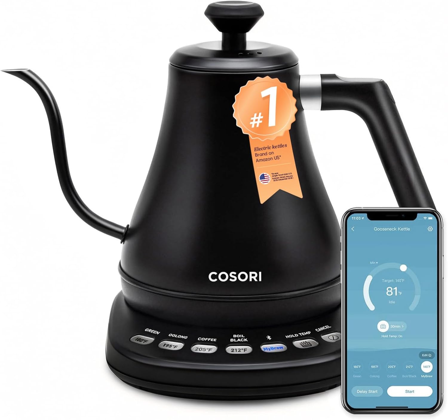Gooseneck Electric Kettle with Temperature Control, 0.8L, Black | No Plastic Contact with Water, 5 Presets, 60-Min Keep Warm, Pour Over Coffee & Tea, Stainless Steel Interior, 1200W