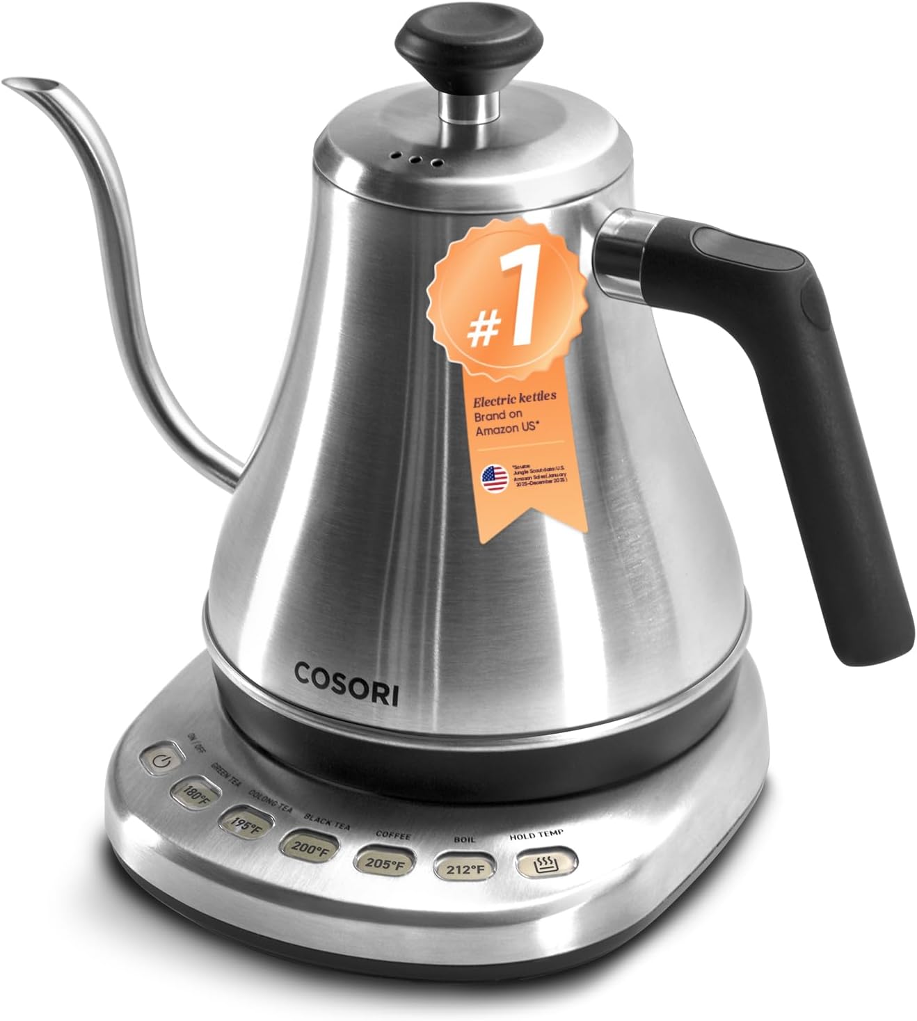 Gooseneck Electric Kettle with Temperature Control, 0.8L, Black | No Plastic Contact with Water, 5 Presets, 60-Min Keep Warm, Pour Over Coffee & Tea, Stainless Steel Interior, 1200W