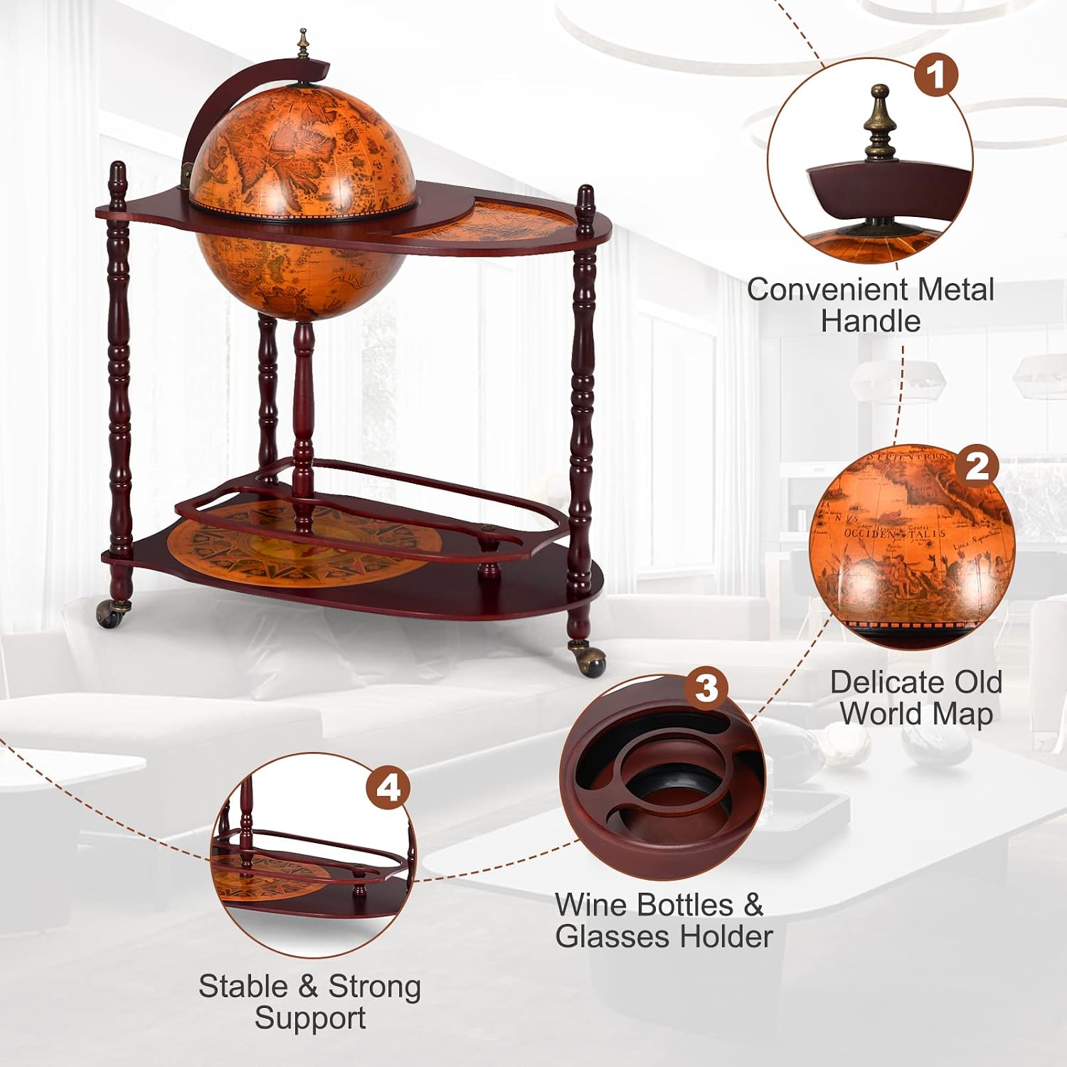 Goplus Globe Bar, 34.5” Globe Bar Liquor Cabinet with Wheels, Bottom Shelf, Old World Map, 16th Century Italian Replica Bar Globe, Retro Wine Stand, Globe Bar Cart for Dining Room Living Room Home