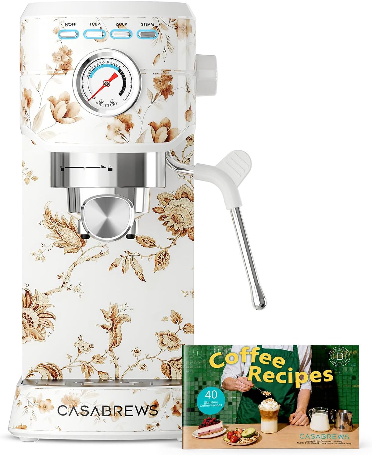 CM5418 Compact Espresso Machine with Milk Frothing Steam Wand | Stainless Steel, 20-Bar Pump, Built-in Pressure Gauge, Powerful Steam Wand for Cappuccino Latte for Home, 34oz Water Tank