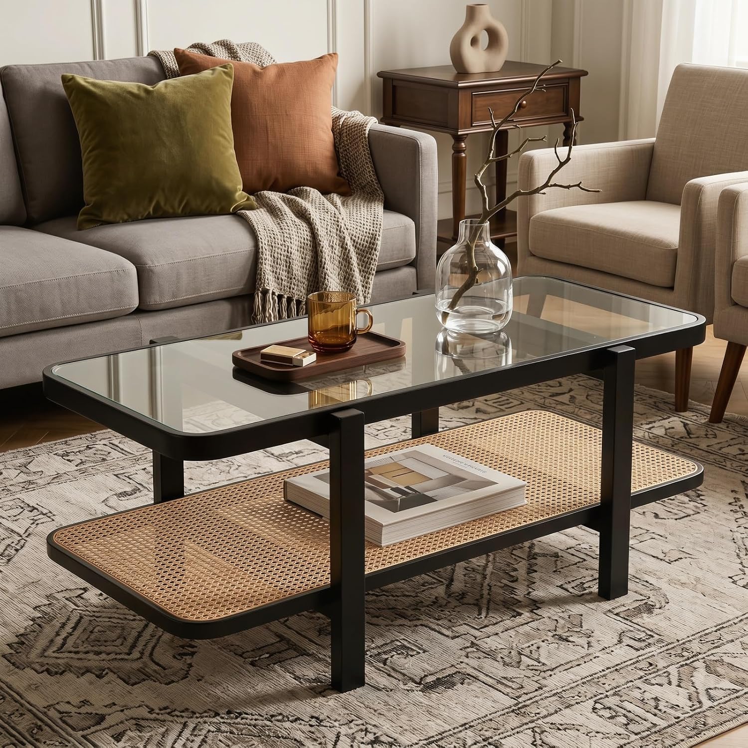 Giantex Rattan Coffee Table, 2-Tier Oval Acacia Wood Tea Table w/Tempered Glass Tabletop & PE Rattan Storage Shelf, Boho Cocktail Tables, Mid Century Modern Center Table for Living Room Office, Brown