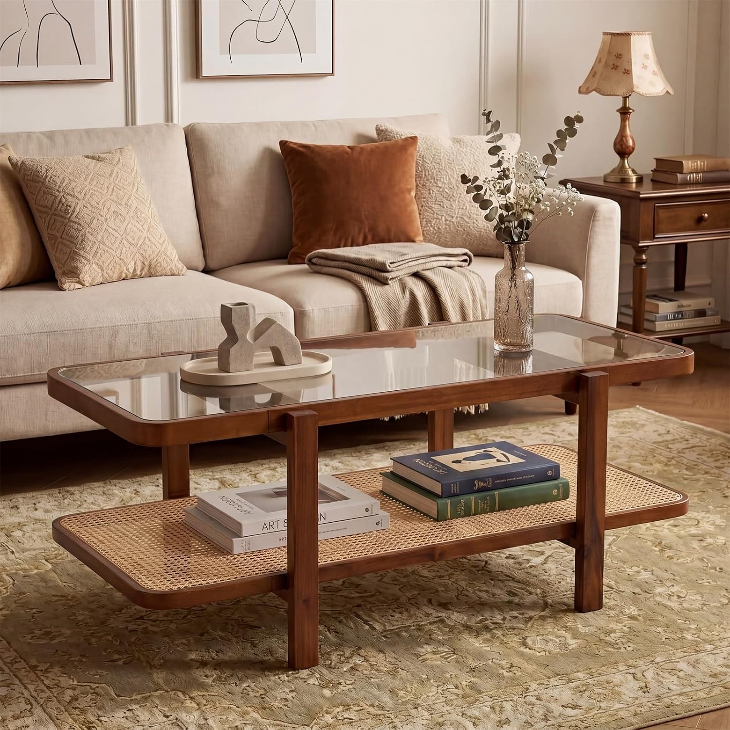 Giantex Rattan Coffee Table, 2-Tier Oval Acacia Wood Tea Table w/Tempered Glass Tabletop & PE Rattan Storage Shelf, Boho Cocktail Tables, Mid Century Modern Center Table for Living Room Office, Brown