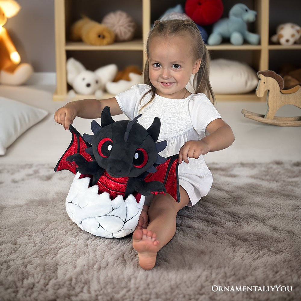 Drogo the Dino in an Egg Plushie, 12" Black and Red Dinosaur Stuffed Animal Gift for Boys and Teens